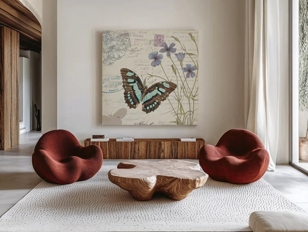 Papillon Tales I by Pela Studio. Shown as extra-large giant wall art in a modern living room. Available as an archival giclee rolled canvas, fine art paper, or poster print. SKU 7621a.
