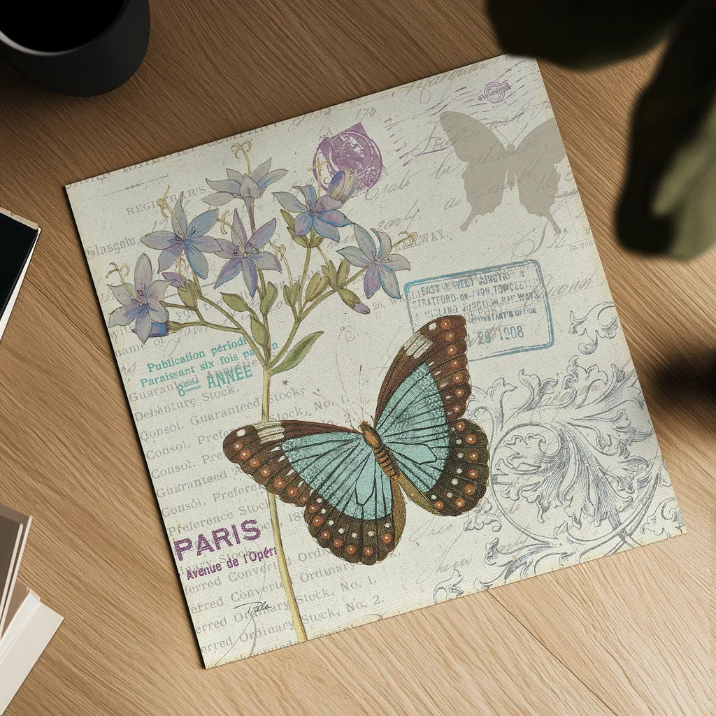 Papillon Tales II by Pela Studio. Shown as a detailed flat fine art print, highlighting archival giclee quality. Available as an archival giclee rolled canvas, fine art paper, or poster print. SKU 7622a.