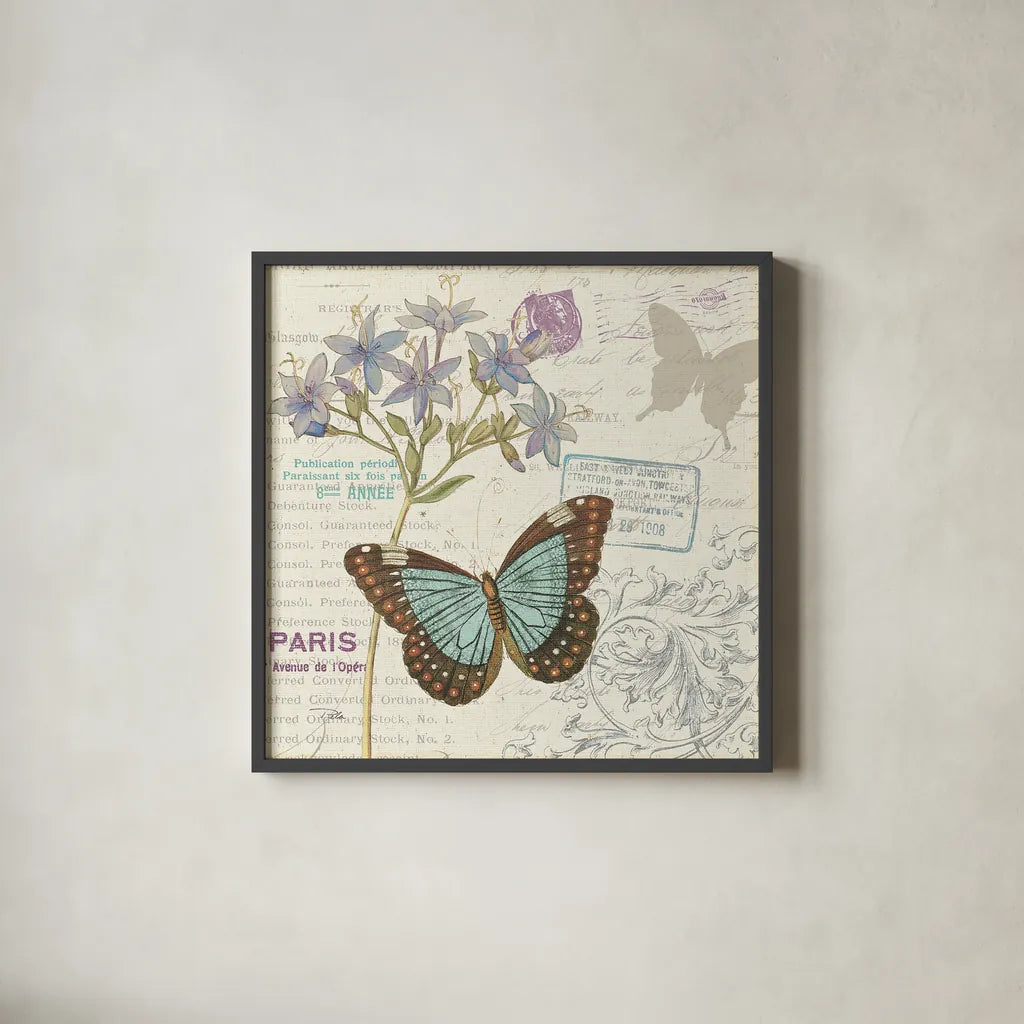 Papillon Tales II by Pela Studio. Shown in a sleek black glass frame for a contemporary gallery look. Available as an archival giclee rolled canvas, fine art paper, or poster print. SKU 7622a.
