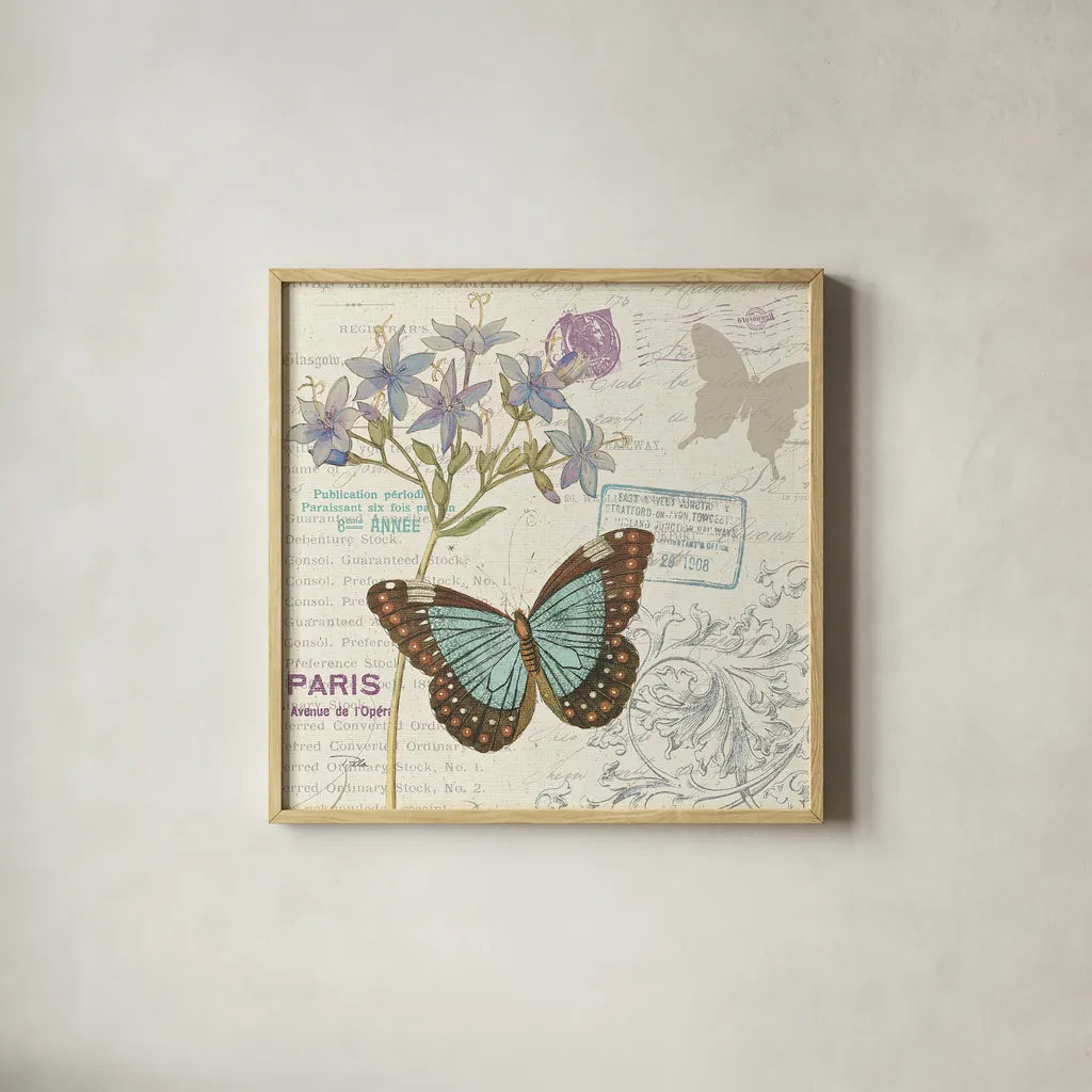 Papillon Tales II by Pela Studio. Shown in a natural wood glass frame for a timeless modern aesthetic. Available as an archival giclee rolled canvas, fine art paper, or poster print. SKU 7622a.