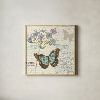Papillon Tales II by Pela Studio. Shown in a natural wood glass frame for a timeless modern aesthetic. Available as an archival giclee rolled canvas, fine art paper, or poster print. SKU 7622a.