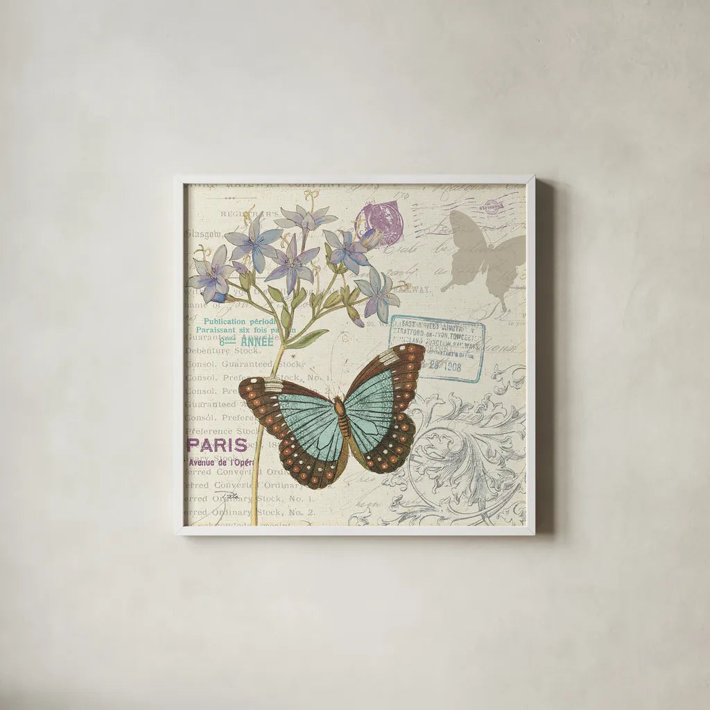 Papillon Tales II by Pela Studio. Shown in a crisp white glass frame for a clean and minimalist style. Available as an archival giclee rolled canvas, fine art paper, or poster print. SKU 7622a.
