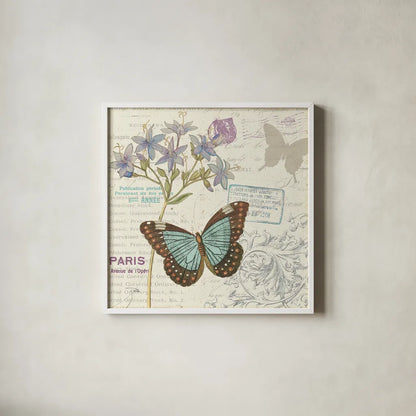 Papillon Tales II by Pela Studio. Shown in a crisp white glass frame for a clean and minimalist style. Available as an archival giclee rolled canvas, fine art paper, or poster print. SKU 7622a.