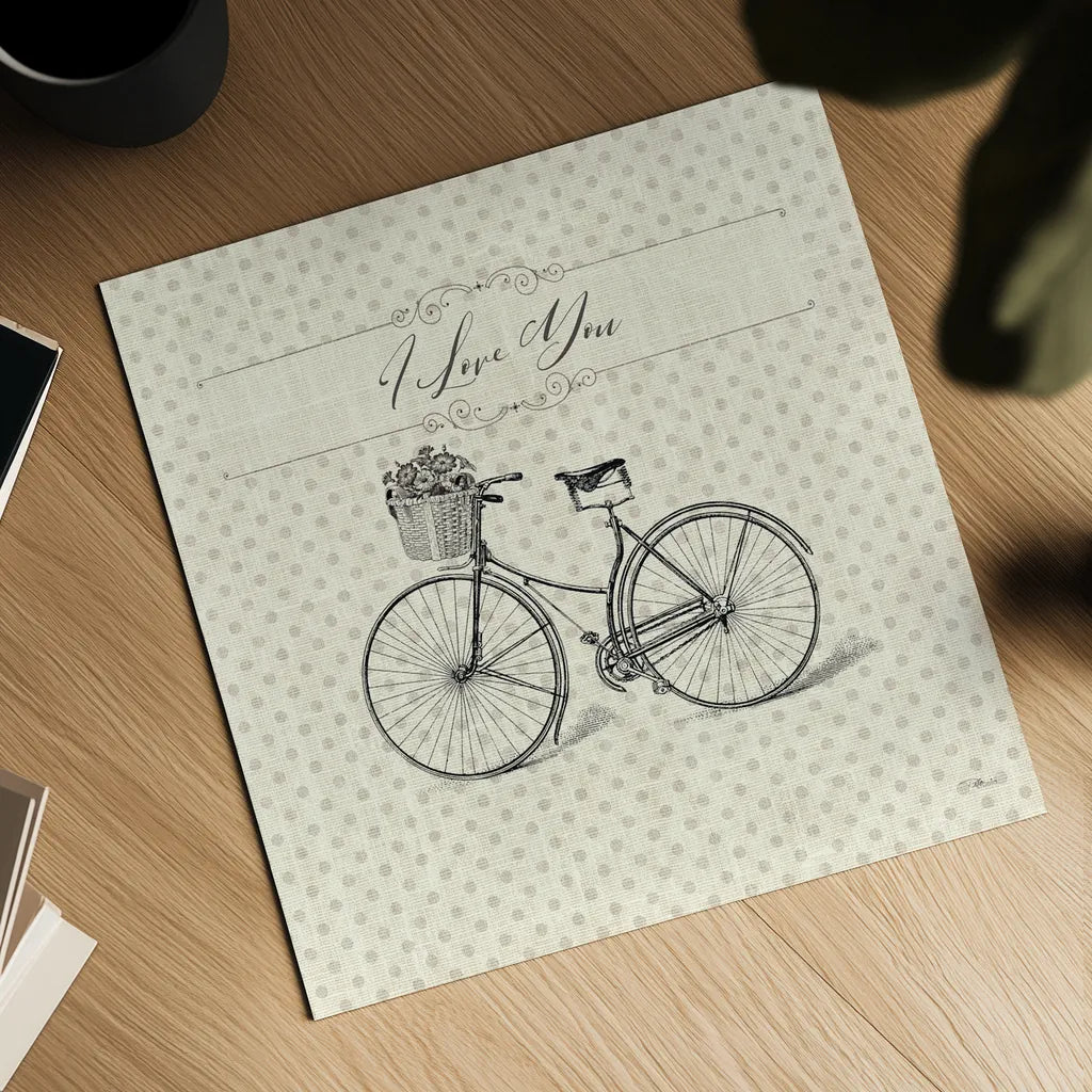 Paris Farmhouse III Bike by Pela Studio. Shown as a detailed flat fine art print, highlighting archival giclee quality. Available as an archival giclee rolled canvas, fine art paper, or poster print. SKU 51221a.