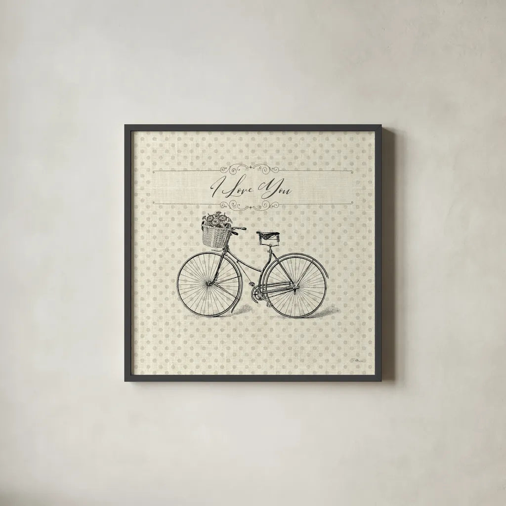 Paris Farmhouse III Bike by Pela Studio. Shown in a sleek black glass frame for a contemporary gallery look. Available as an archival giclee rolled canvas, fine art paper, or poster print. SKU 51221a.
