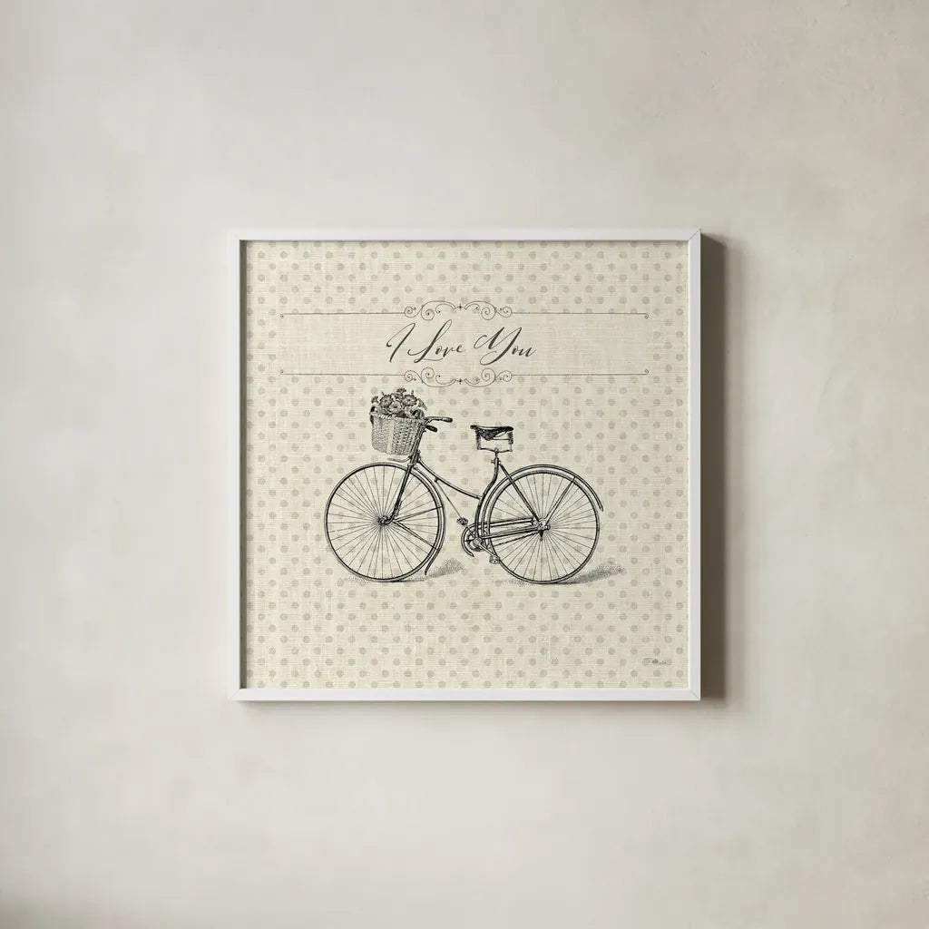Paris Farmhouse III Bike by Pela Studio. Shown in a crisp white glass frame for a clean and minimalist style. Available as an archival giclee rolled canvas, fine art paper, or poster print. SKU 51221a.