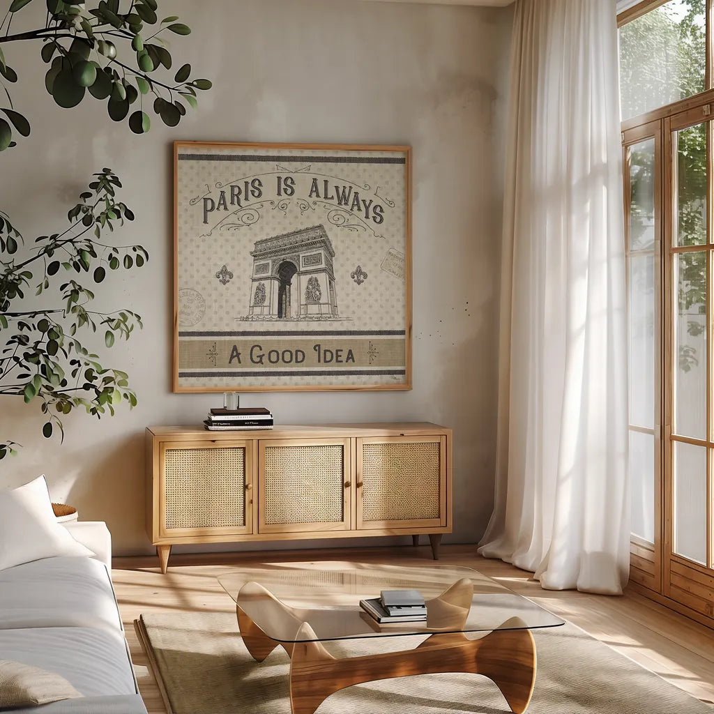 Paris Farmhouse IV by Pela Studio. Shown in a natural wood frame in a cozy modern living room. Available as an archival giclee rolled canvas, fine art paper, or poster print. SKU 49787a.