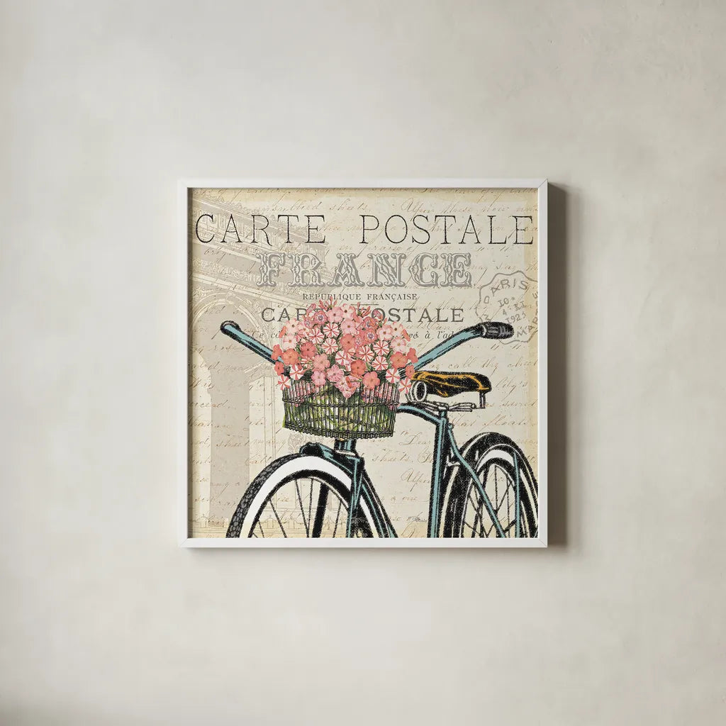 Paris Ride II by Pela Studio. Shown in a crisp white glass frame for a clean and minimalist style. Available as an archival giclee rolled canvas, fine art paper, or poster print. SKU 13538a.