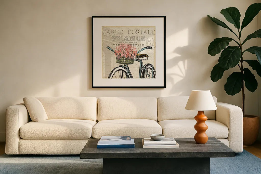 Paris Ride II by Pela Studio. Displayed in a glass frame with matte in a clean modern living room. Available as an archival giclee rolled canvas, fine art paper, or poster print. SKU 13538a.