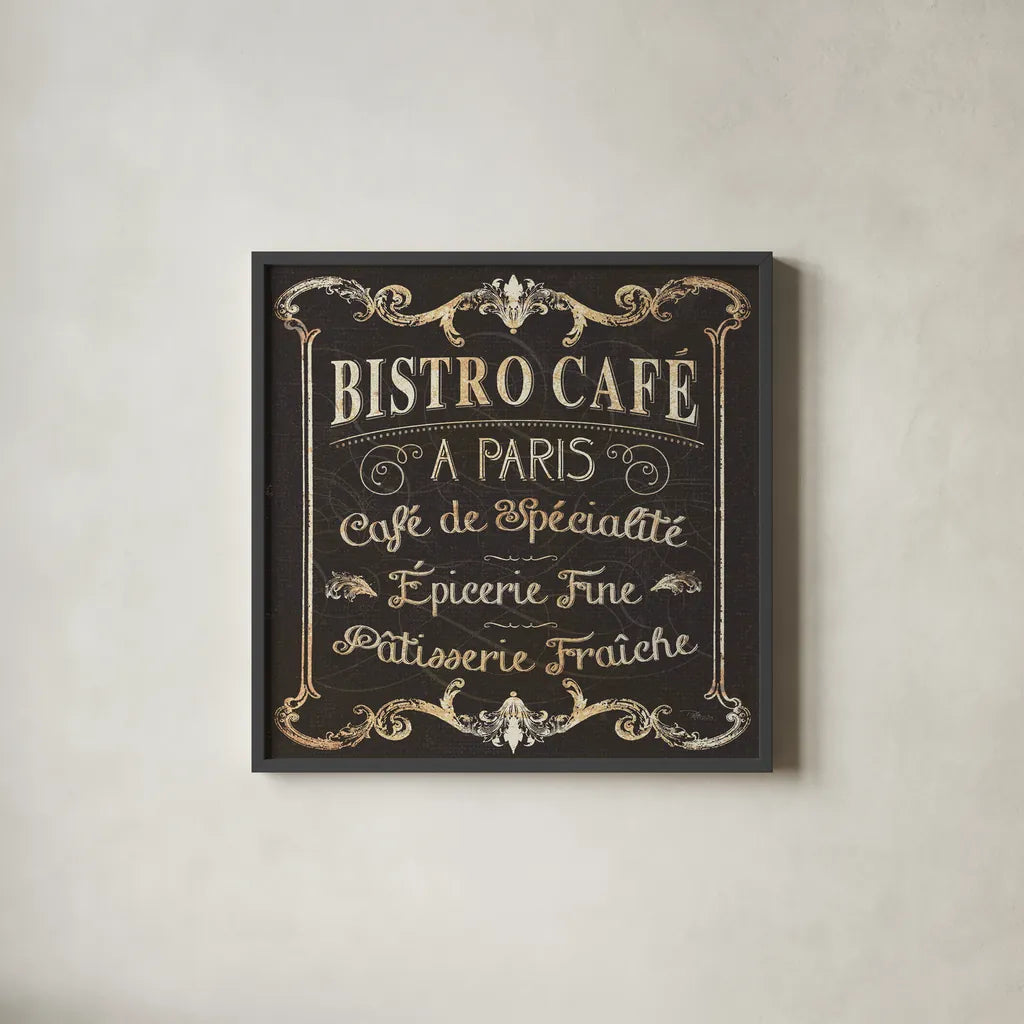 Parisian Signs Square II no Border by Pela Studio. Shown in a sleek black glass frame for a contemporary gallery look. Available as an archival giclee rolled canvas, fine art paper, or poster print. SKU 13468a.