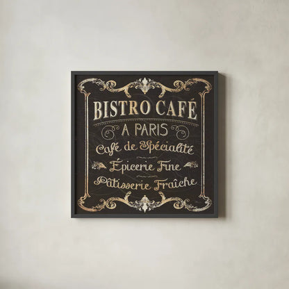 Parisian Signs Square II no Border by Pela Studio. Shown in a sleek black glass frame for a contemporary gallery look. Available as an archival giclee rolled canvas, fine art paper, or poster print. SKU 13468a.