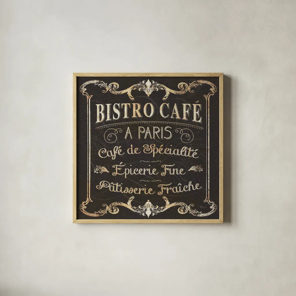 Parisian Signs Square II no Border by Pela Studio. Shown in a natural wood glass frame for a timeless modern aesthetic. Available as an archival giclee rolled canvas, fine art paper, or poster print. SKU 13468a.