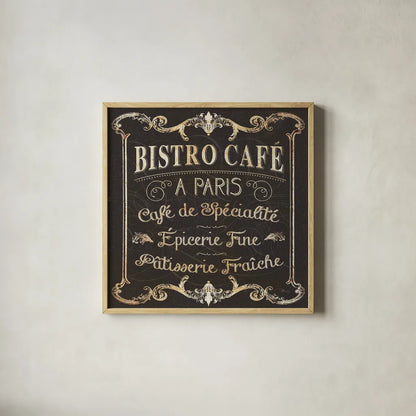 Parisian Signs Square II no Border by Pela Studio. Shown in a natural wood glass frame for a timeless modern aesthetic. Available as an archival giclee rolled canvas, fine art paper, or poster print. SKU 13468a.