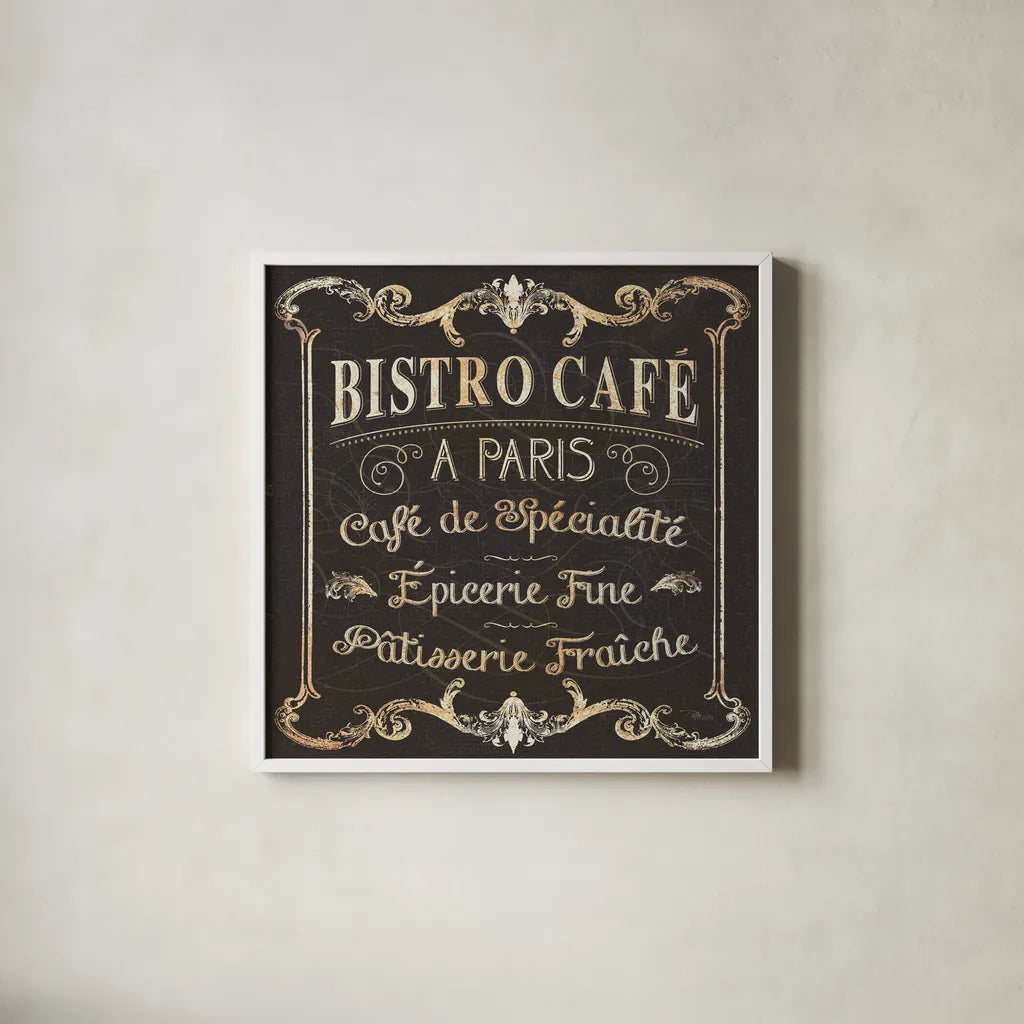 Parisian Signs Square II no Border by Pela Studio. Shown in a crisp white glass frame for a clean and minimalist style. Available as an archival giclee rolled canvas, fine art paper, or poster print. SKU 13468a.