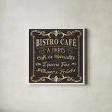 Parisian Signs Square II no Border by Pela Studio. Shown in a crisp white glass frame for a clean and minimalist style. Available as an archival giclee rolled canvas, fine art paper, or poster print. SKU 13468a.