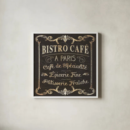 Parisian Signs Square II no Border by Pela Studio. Shown in a crisp white glass frame for a clean and minimalist style. Available as an archival giclee rolled canvas, fine art paper, or poster print. SKU 13468a.