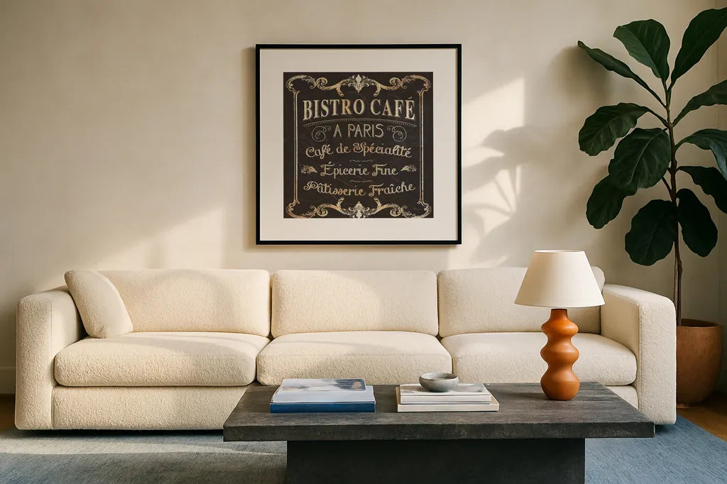 Parisian Signs Square II no Border by Pela Studio. Displayed in a glass frame with matte in a clean modern living room. Available as an archival giclee rolled canvas, fine art paper, or poster print. SKU 13468a.