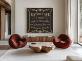 Parisian Signs Square II no Border by Pela Studio. Shown as extra-large giant wall art in a modern living room. Available as an archival giclee rolled canvas, fine art paper, or poster print. SKU 13468a.