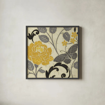 Perfect Petals I Yellow by Pela Studio. Shown in a sleek black glass frame for a contemporary gallery look. Available as an archival giclee rolled canvas, fine art paper, or poster print. SKU 13285a.