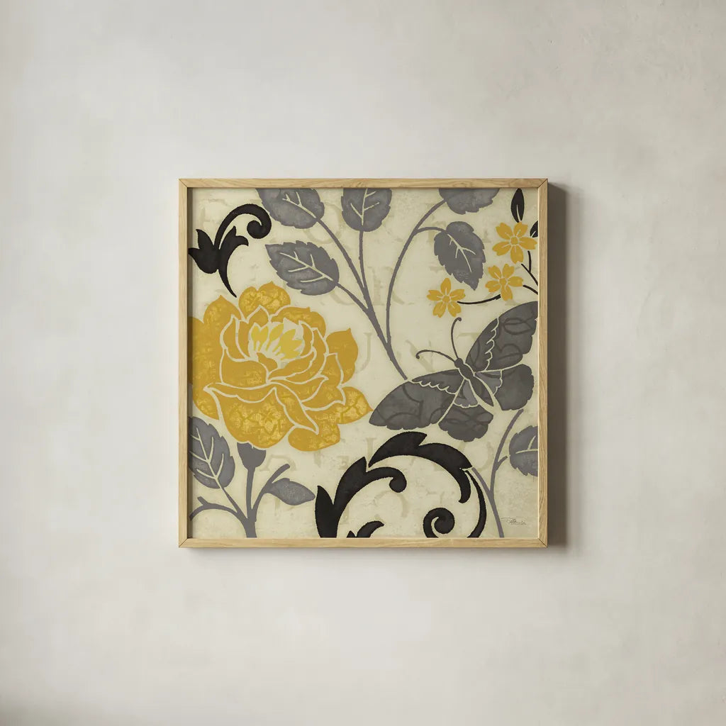 Perfect Petals I Yellow by Pela Studio. Shown in a natural wood glass frame for a timeless modern aesthetic. Available as an archival giclee rolled canvas, fine art paper, or poster print. SKU 13285a.
