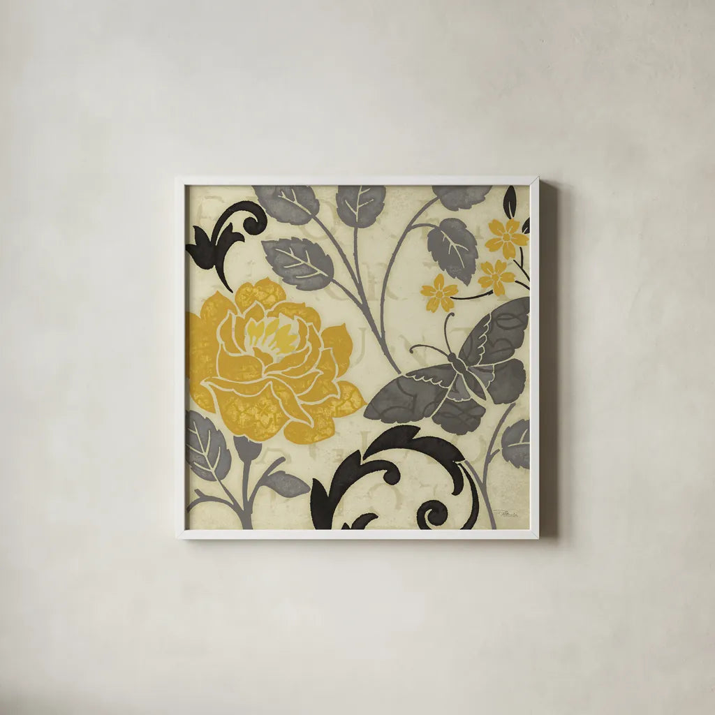 Perfect Petals I Yellow by Pela Studio. Shown in a crisp white glass frame for a clean and minimalist style. Available as an archival giclee rolled canvas, fine art paper, or poster print. SKU 13285a.