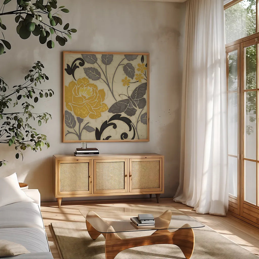 Perfect Petals I Yellow by Pela Studio. Shown in a natural wood frame in a cozy modern living room. Available as an archival giclee rolled canvas, fine art paper, or poster print. SKU 13285a.