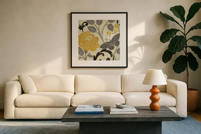 Perfect Petals I Yellow by Pela Studio. Displayed in a glass frame with matte in a clean modern living room. Available as an archival giclee rolled canvas, fine art paper, or poster print. SKU 13285a.