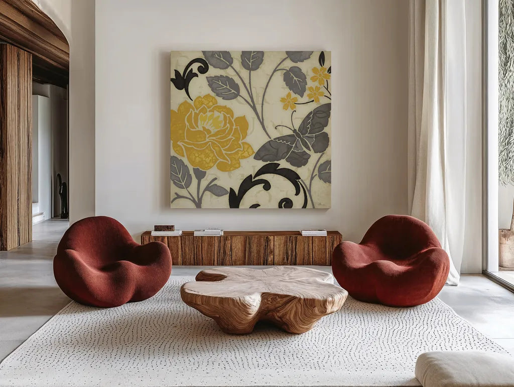 Perfect Petals I Yellow by Pela Studio. Shown as extra-large giant wall art in a modern living room. Available as an archival giclee rolled canvas, fine art paper, or poster print. SKU 13285a.