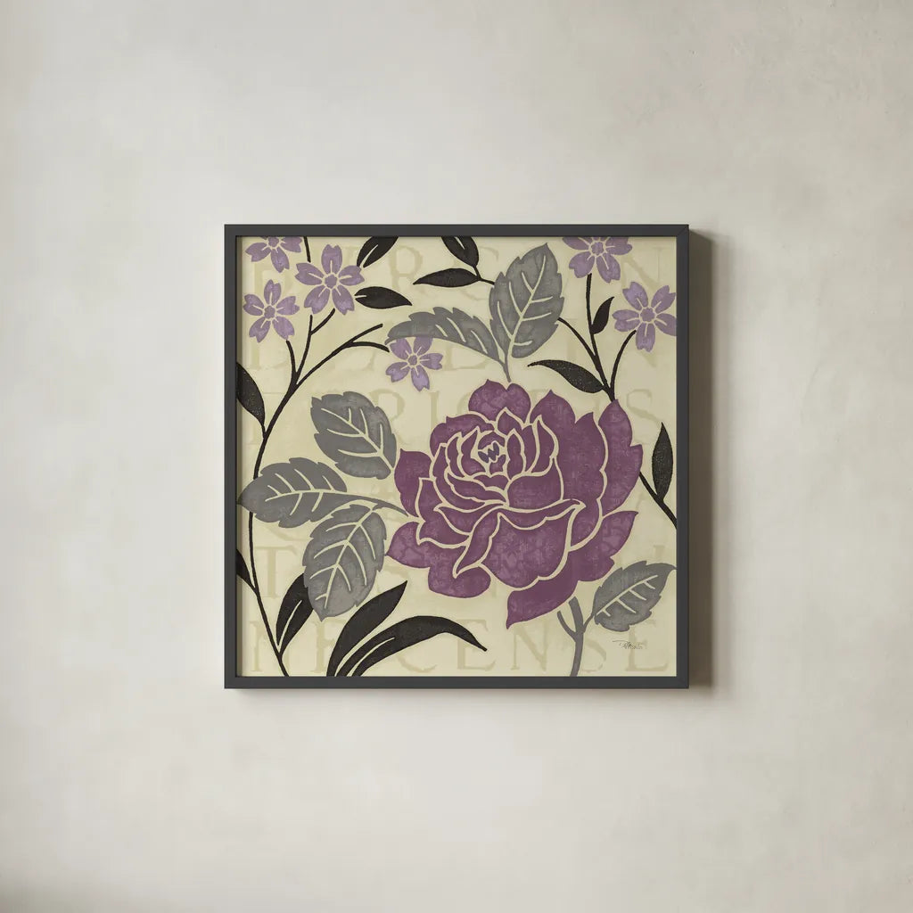 Perfect Petals II Lavender by Pela Studio. Shown in a sleek black glass frame for a contemporary gallery look. Available as an archival giclee rolled canvas, fine art paper, or poster print. SKU 13170a.