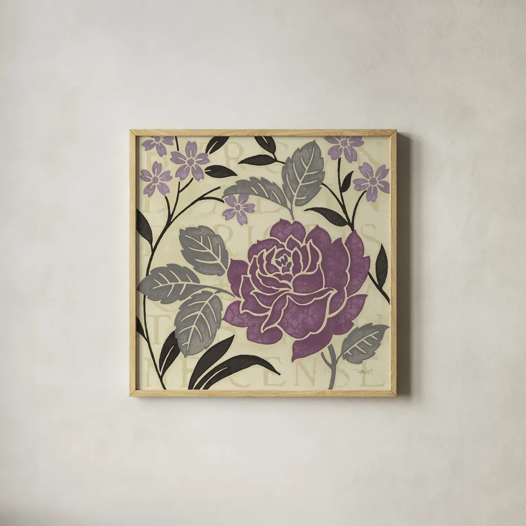 Perfect Petals II Lavender by Pela Studio. Shown in a natural wood glass frame for a timeless modern aesthetic. Available as an archival giclee rolled canvas, fine art paper, or poster print. SKU 13170a.