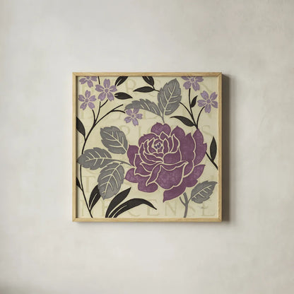 Perfect Petals II Lavender by Pela Studio. Shown in a natural wood glass frame for a timeless modern aesthetic. Available as an archival giclee rolled canvas, fine art paper, or poster print. SKU 13170a.