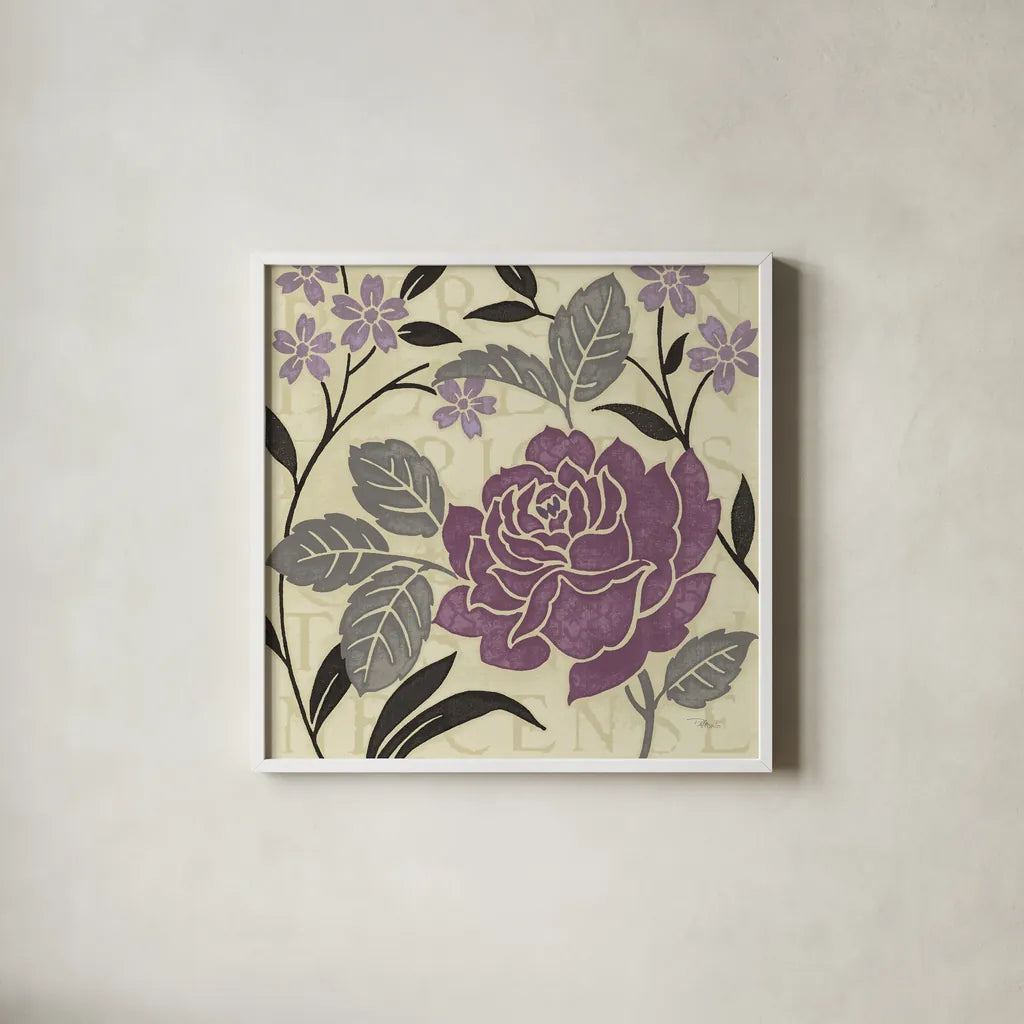 Perfect Petals II Lavender by Pela Studio. Shown in a crisp white glass frame for a clean and minimalist style. Available as an archival giclee rolled canvas, fine art paper, or poster print. SKU 13170a.