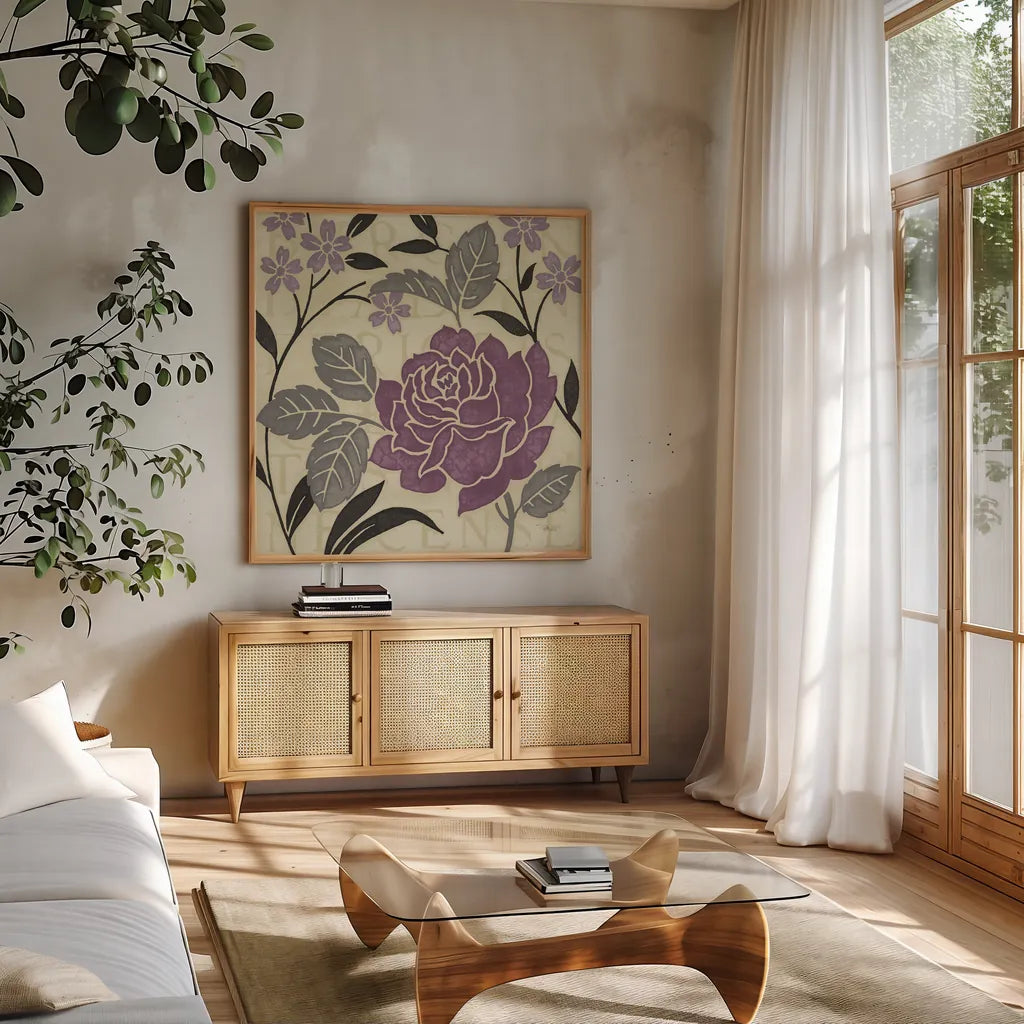 Perfect Petals II Lavender by Pela Studio. Shown in a natural wood frame in a cozy modern living room. Available as an archival giclee rolled canvas, fine art paper, or poster print. SKU 13170a.