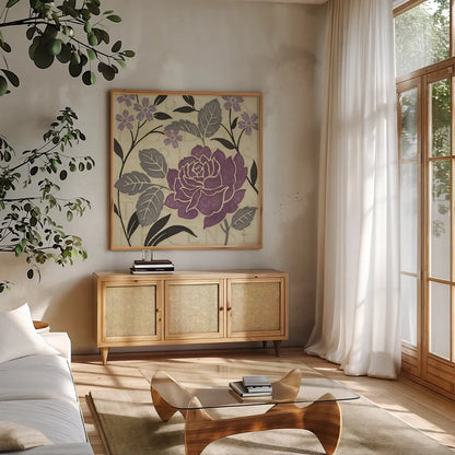 Perfect Petals II Lavender by Pela Studio. Shown in a natural wood frame in a cozy modern living room. Available as an archival giclee rolled canvas, fine art paper, or poster print. SKU 13170a.