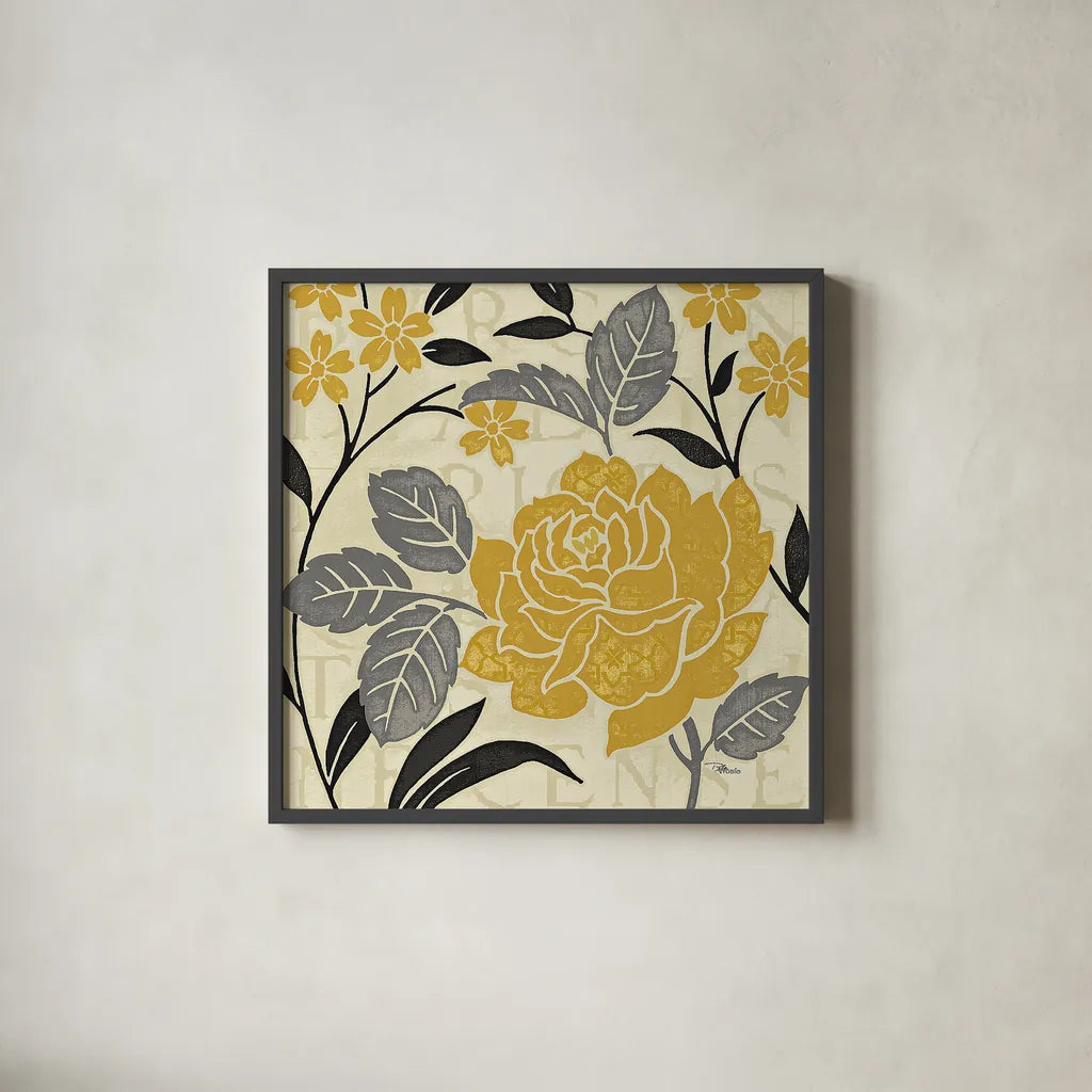 Perfect Petals II Yellow by Pela Studio. Shown in a sleek black glass frame for a contemporary gallery look. Available as an archival giclee rolled canvas, fine art paper, or poster print. SKU 13174a.