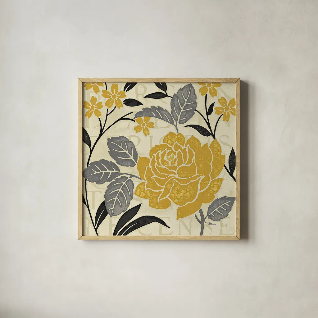 Perfect Petals II Yellow by Pela Studio. Shown in a natural wood glass frame for a timeless modern aesthetic. Available as an archival giclee rolled canvas, fine art paper, or poster print. SKU 13174a.