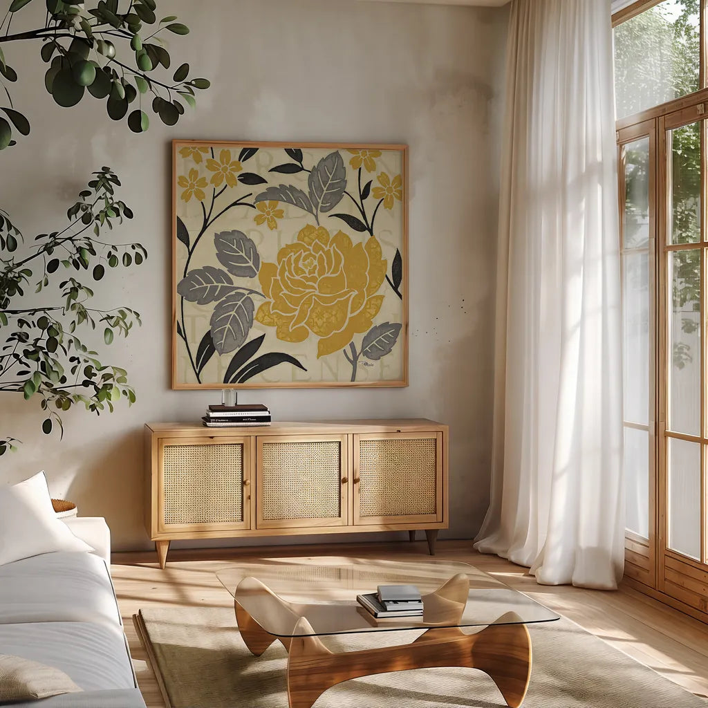 Perfect Petals II Yellow by Pela Studio. Shown in a natural wood frame in a cozy modern living room. Available as an archival giclee rolled canvas, fine art paper, or poster print. SKU 13174a.