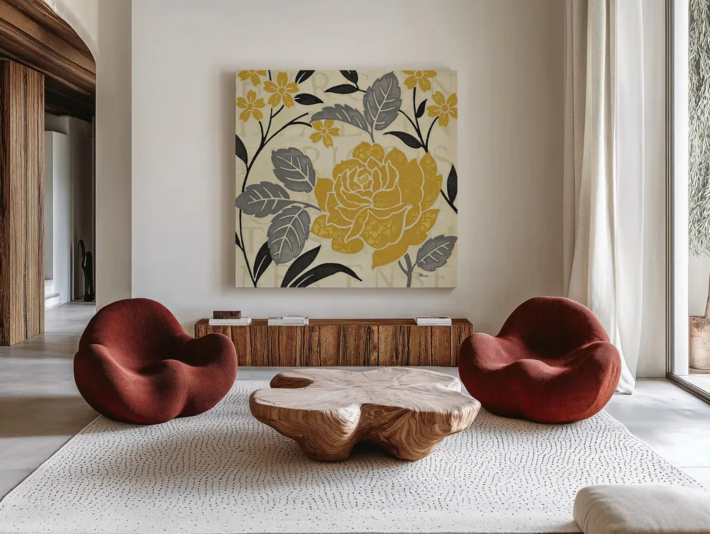 Perfect Petals II Yellow by Pela Studio. Shown as extra-large giant wall art in a modern living room. Available as an archival giclee rolled canvas, fine art paper, or poster print. SKU 13174a.