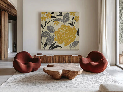 Perfect Petals II Yellow by Pela Studio. Shown as extra-large giant wall art in a modern living room. Available as an archival giclee rolled canvas, fine art paper, or poster print. SKU 13174a.