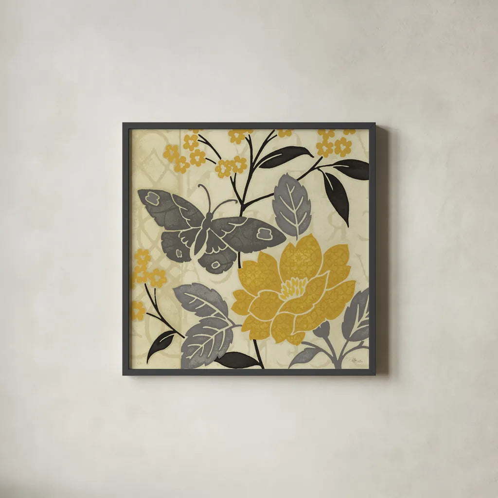 Perfect Petals IV Yellow by Pela Studio. Shown in a sleek black glass frame for a contemporary gallery look. Available as an archival giclee rolled canvas, fine art paper, or poster print. SKU 13165a.
