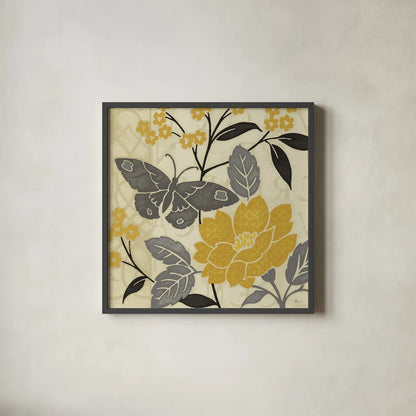 Perfect Petals IV Yellow by Pela Studio. Shown in a sleek black glass frame for a contemporary gallery look. Available as an archival giclee rolled canvas, fine art paper, or poster print. SKU 13165a.