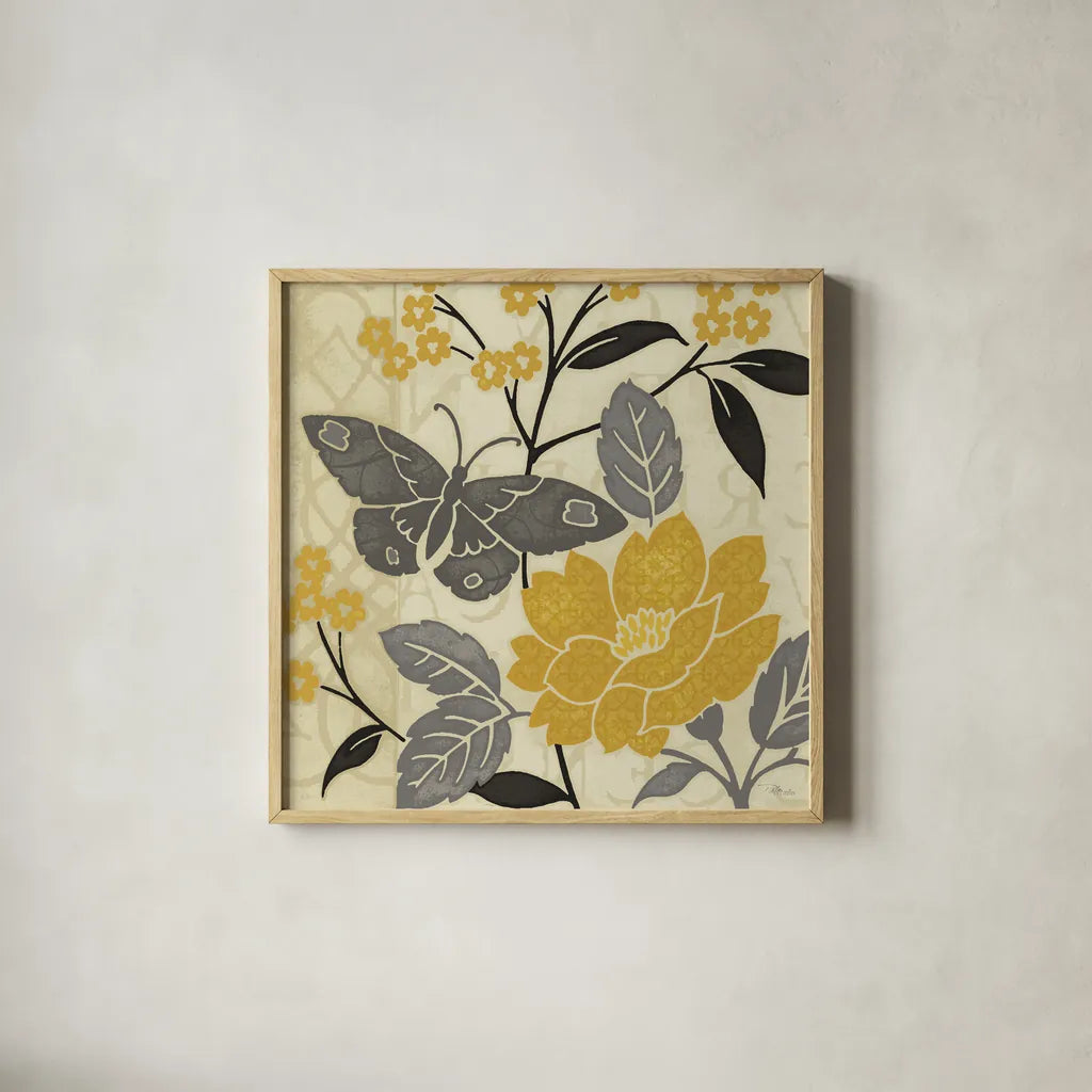 Perfect Petals IV Yellow by Pela Studio. Shown in a natural wood glass frame for a timeless modern aesthetic. Available as an archival giclee rolled canvas, fine art paper, or poster print. SKU 13165a.