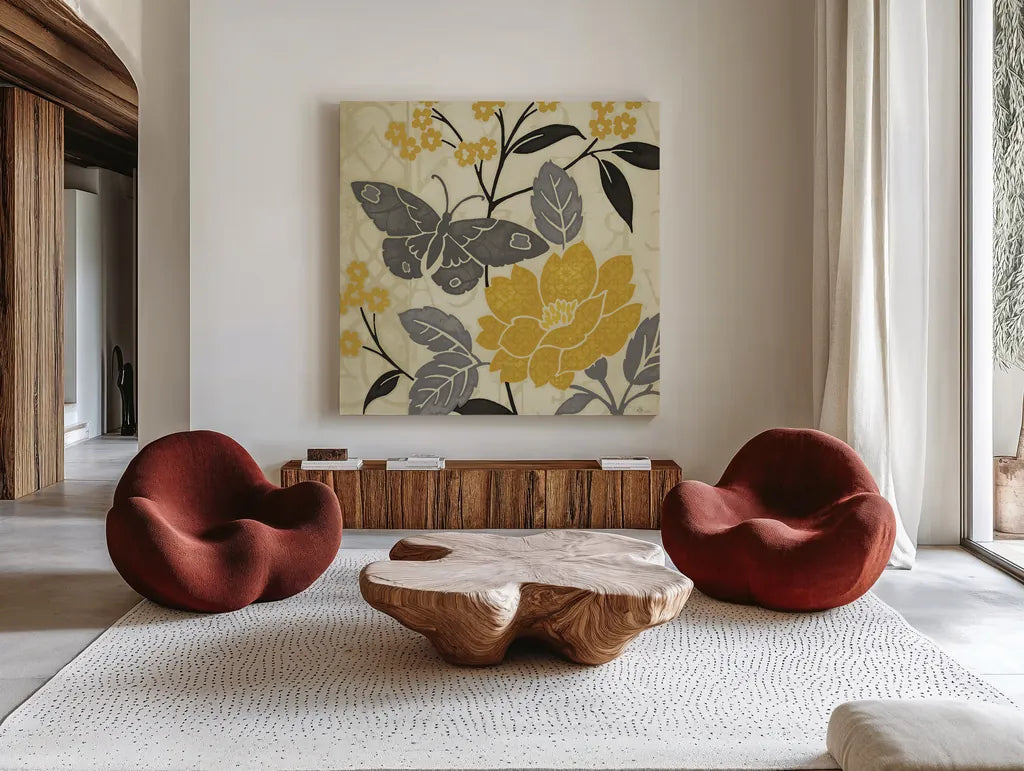 Perfect Petals IV Yellow by Pela Studio. Shown as extra-large giant wall art in a modern living room. Available as an archival giclee rolled canvas, fine art paper, or poster print. SKU 13165a.