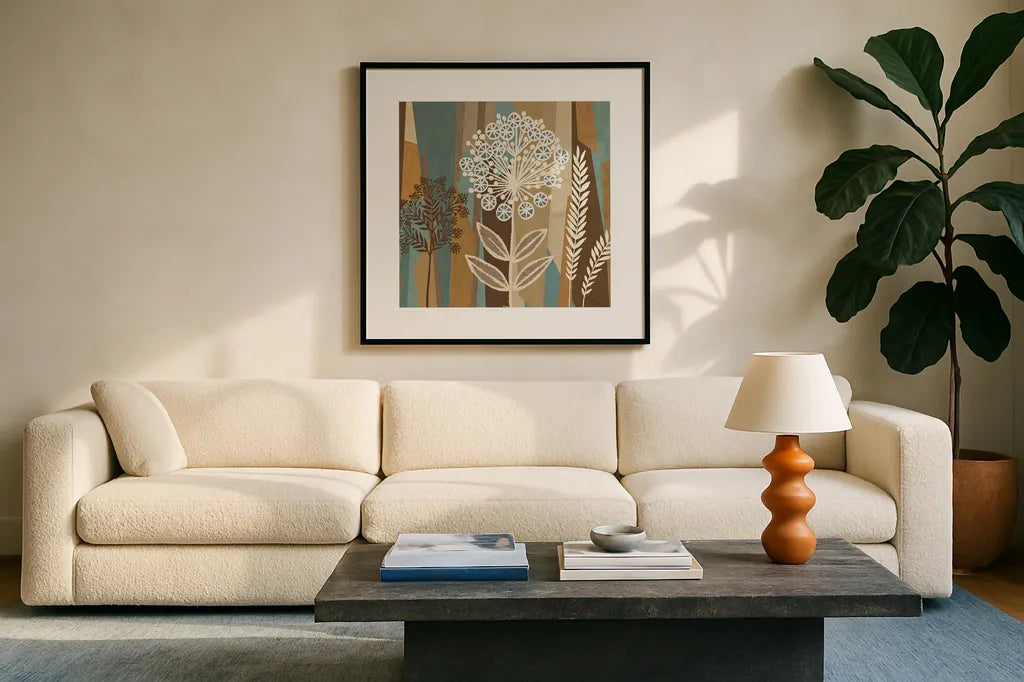 Pieces of Nature II by Pela Studio. Displayed in a glass frame with matte in a clean modern living room. Available as an archival giclee rolled canvas, fine art paper, or poster print. SKU 9081a.