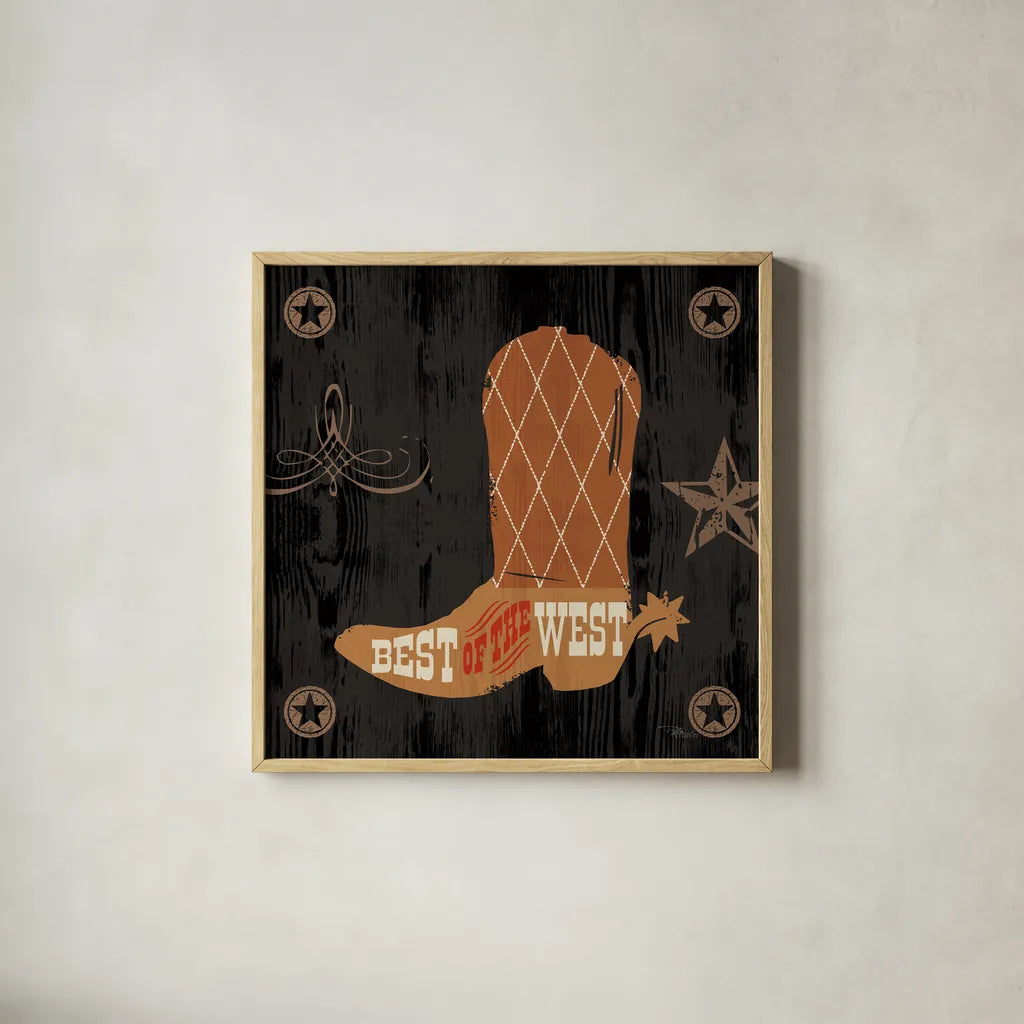Saddle Up II by Pela Studio. Shown in a natural wood glass frame for a timeless modern aesthetic. Available as an archival giclee rolled canvas, fine art paper, or poster print. SKU 69504a.