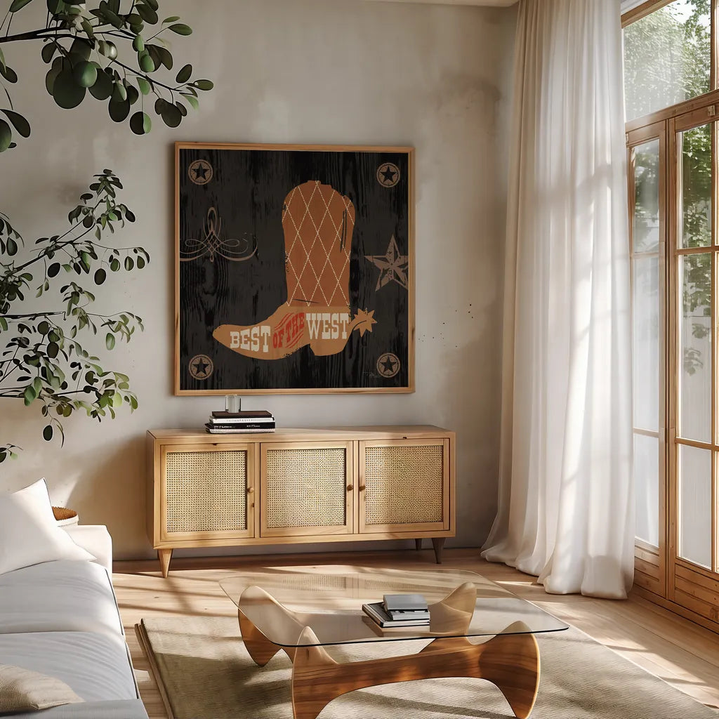 Saddle Up II by Pela Studio. Shown in a natural wood frame in a cozy modern living room. Available as an archival giclee rolled canvas, fine art paper, or poster print. SKU 69504a.