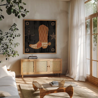 Saddle Up II by Pela Studio. Shown in a natural wood frame in a cozy modern living room. Available as an archival giclee rolled canvas, fine art paper, or poster print. SKU 69504a.