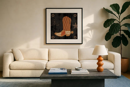 Saddle Up II by Pela Studio. Displayed in a glass frame with matte in a clean modern living room. Available as an archival giclee rolled canvas, fine art paper, or poster print. SKU 69504a.
