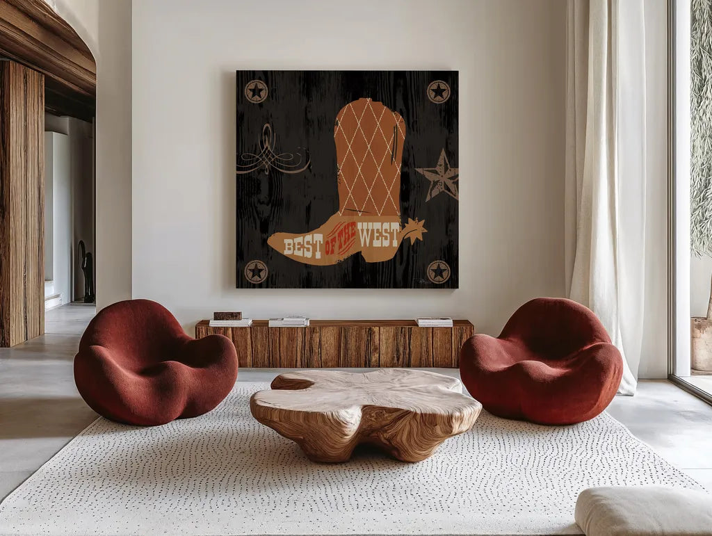 Saddle Up II by Pela Studio. Shown as extra-large giant wall art in a modern living room. Available as an archival giclee rolled canvas, fine art paper, or poster print. SKU 69504a.