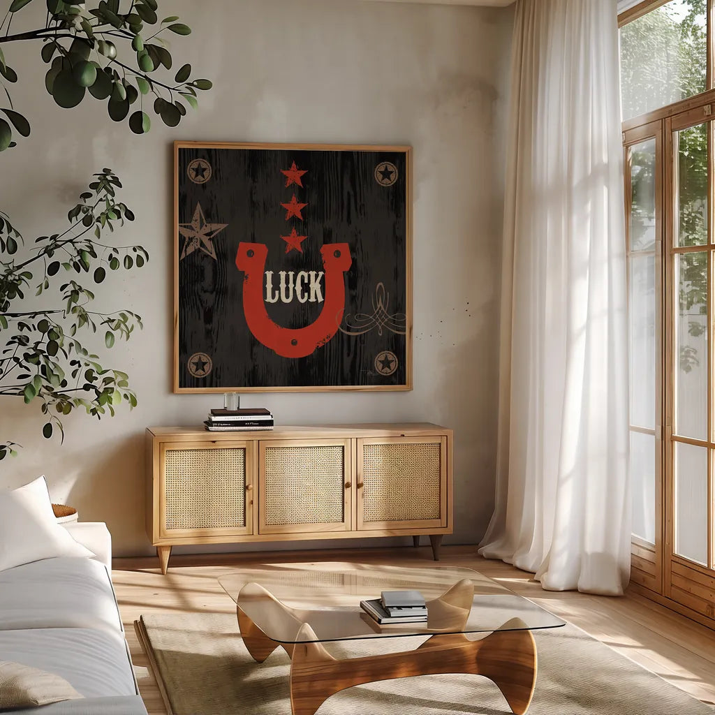 Saddle Up Icon I by Pela Studio. Shown in a natural wood frame in a cozy modern living room. Available as an archival giclee rolled canvas, fine art paper, or poster print. SKU 69503a.